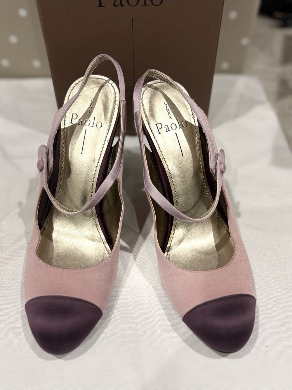 Paolo Pink Satin Slingback Pumps with Purple Cap Toe